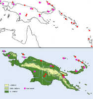 Map: Dendrobium conanthum Schltr., distribution map, redrawn from P. Cribb, Kew Bull. 41 (1986) 629, map 2, with new records added.